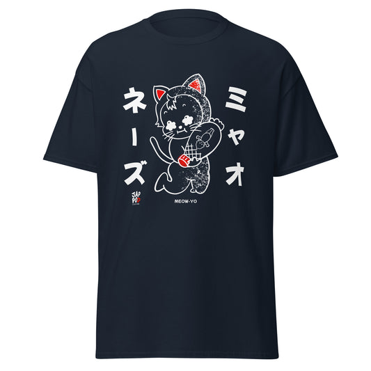 Meow-Yo unisex classic tee featuring a Japanese cat and mayonnaise wordplay illustration