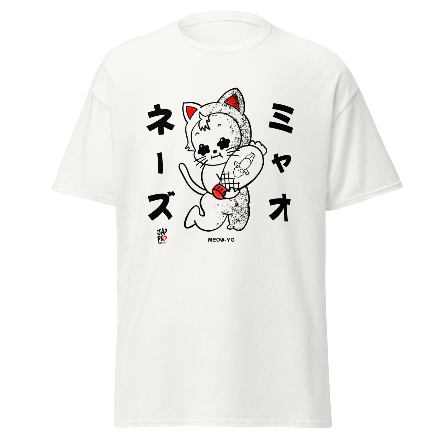 Meow-Yo unisex classic tee featuring a Japanese cat and mayonnaise wordplay illustration