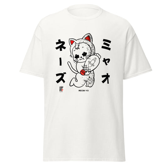 Meow-Yo unisex classic tee featuring a Japanese cat and mayonnaise wordplay illustration