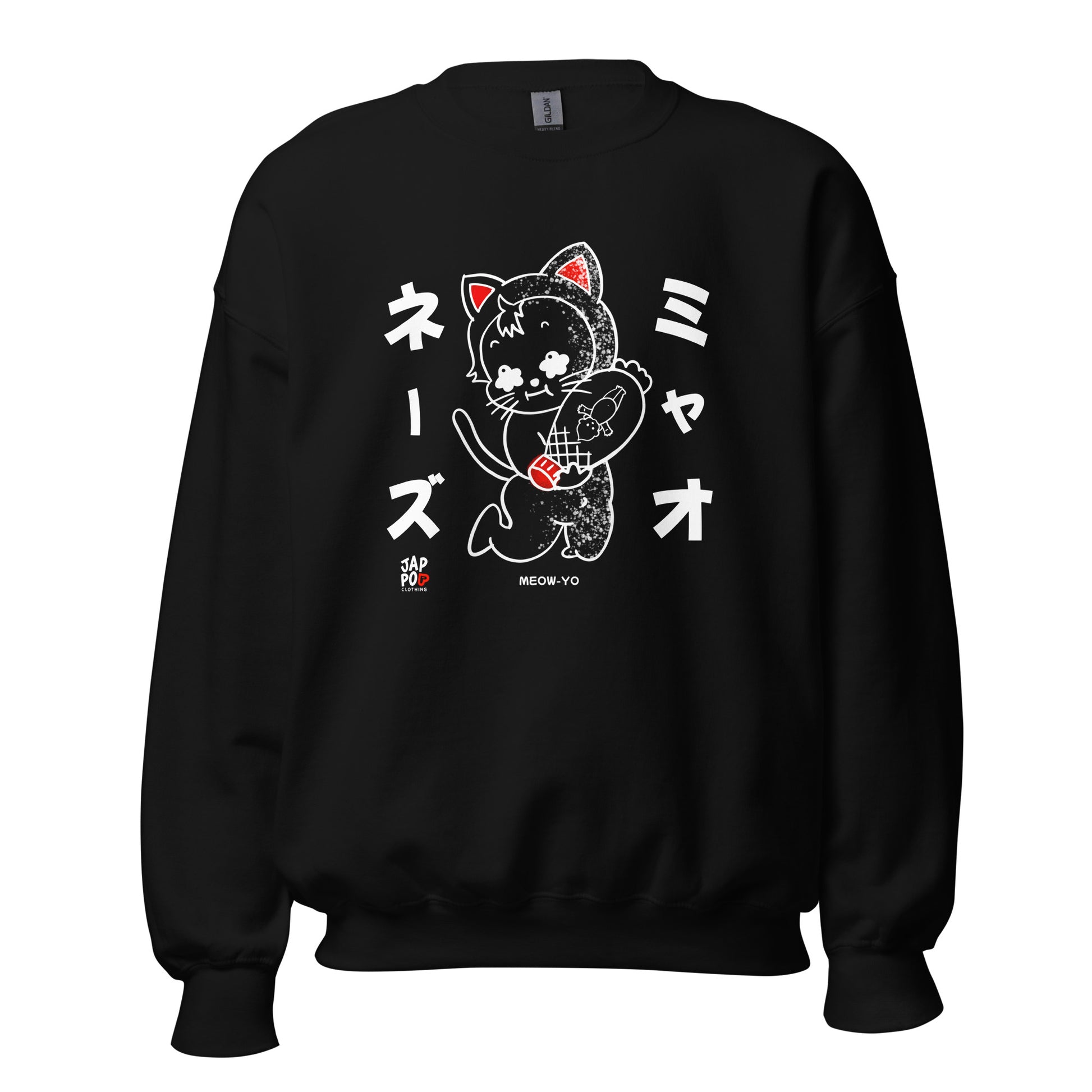 Meow-Yo unisex sweatshirt featuring a Japanese cat and mayonnaise wordplay illustration