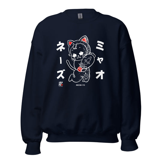 Meow-Yo unisex sweatshirt featuring a Japanese cat and mayonnaise wordplay illustration