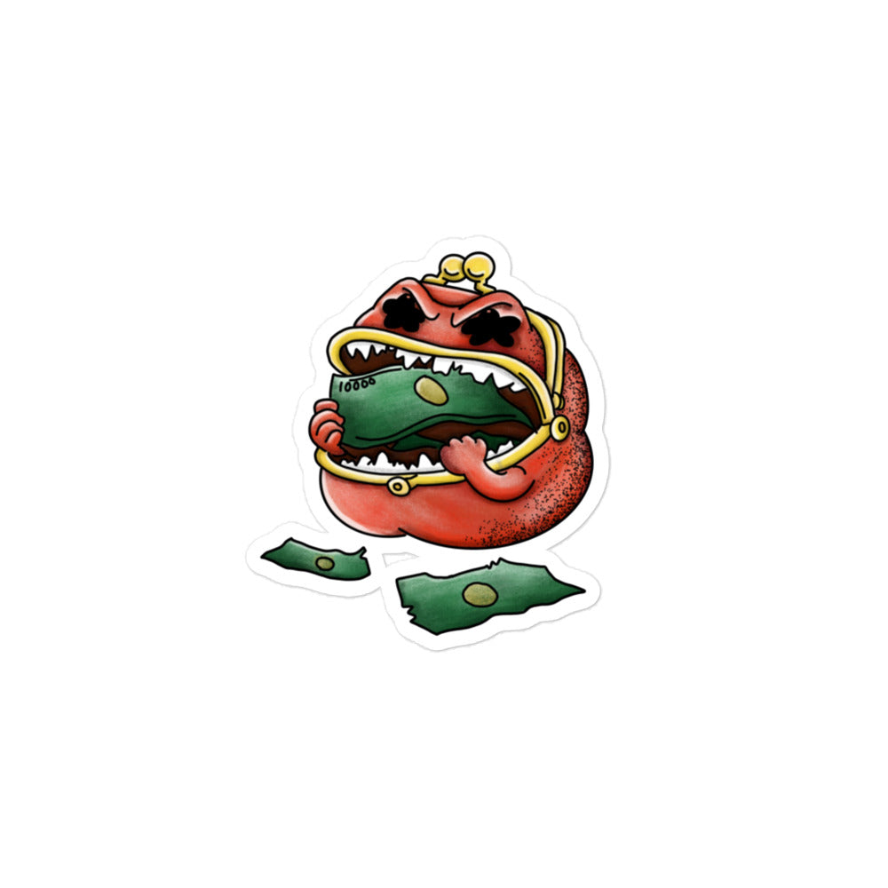 Playful JapPop illustration of a gamaguchi coin purse with a wide mouth snacking on money, cute Japanese humor sticker design.
