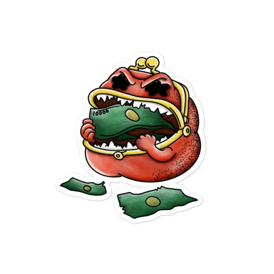Playful JapPop illustration of a gamaguchi coin purse with a wide mouth snacking on money, cute Japanese humor sticker design.
