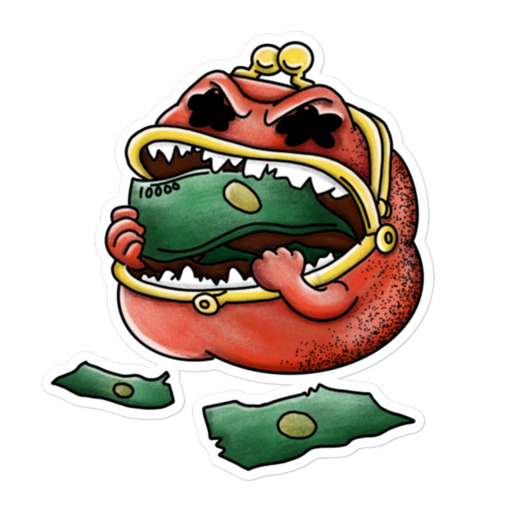Playful JapPop illustration of a gamaguchi coin purse with a wide mouth snacking on money, cute Japanese humor sticker design.