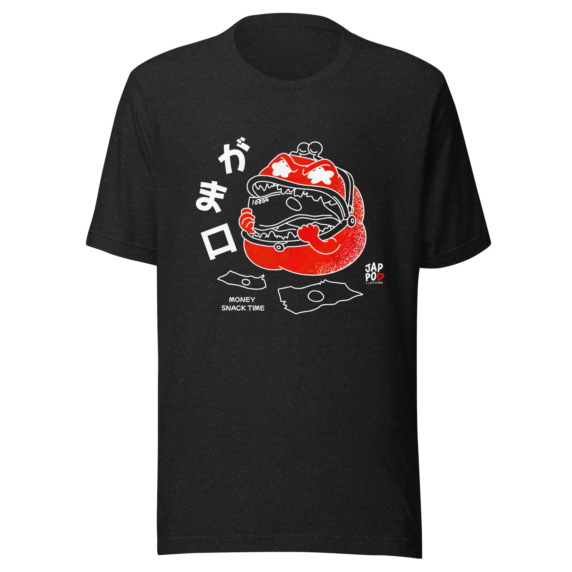 Illustration of a Japanese gamaguchi coin purse with a big mouth eating money, playful JapPop character design printed on a t-shirt.