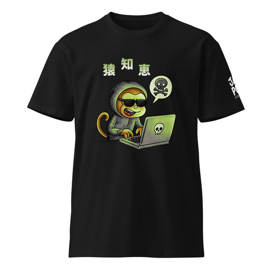 Monkey Smarts 猿知恵 T-shirt featuring a playful monkey illustration inspired by Japanese wordplay and JapPop graphic streetwear style.