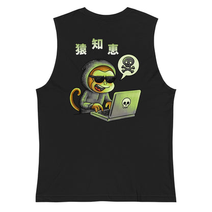 Monkey Smarts 猿知恵 tank top featuring a playful monkey illustration inspired by Japanese wordplay and JapPop streetwear style.