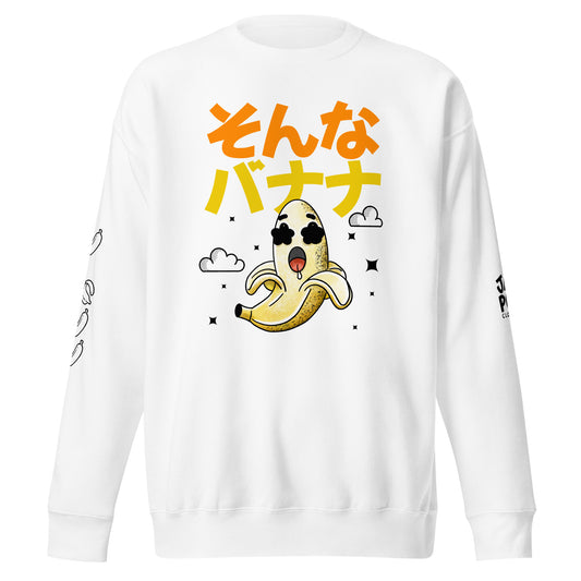 White No Way banana graphic sweatshirt featuring a shocked banana illustration inspired by Japanese humor and wordplay