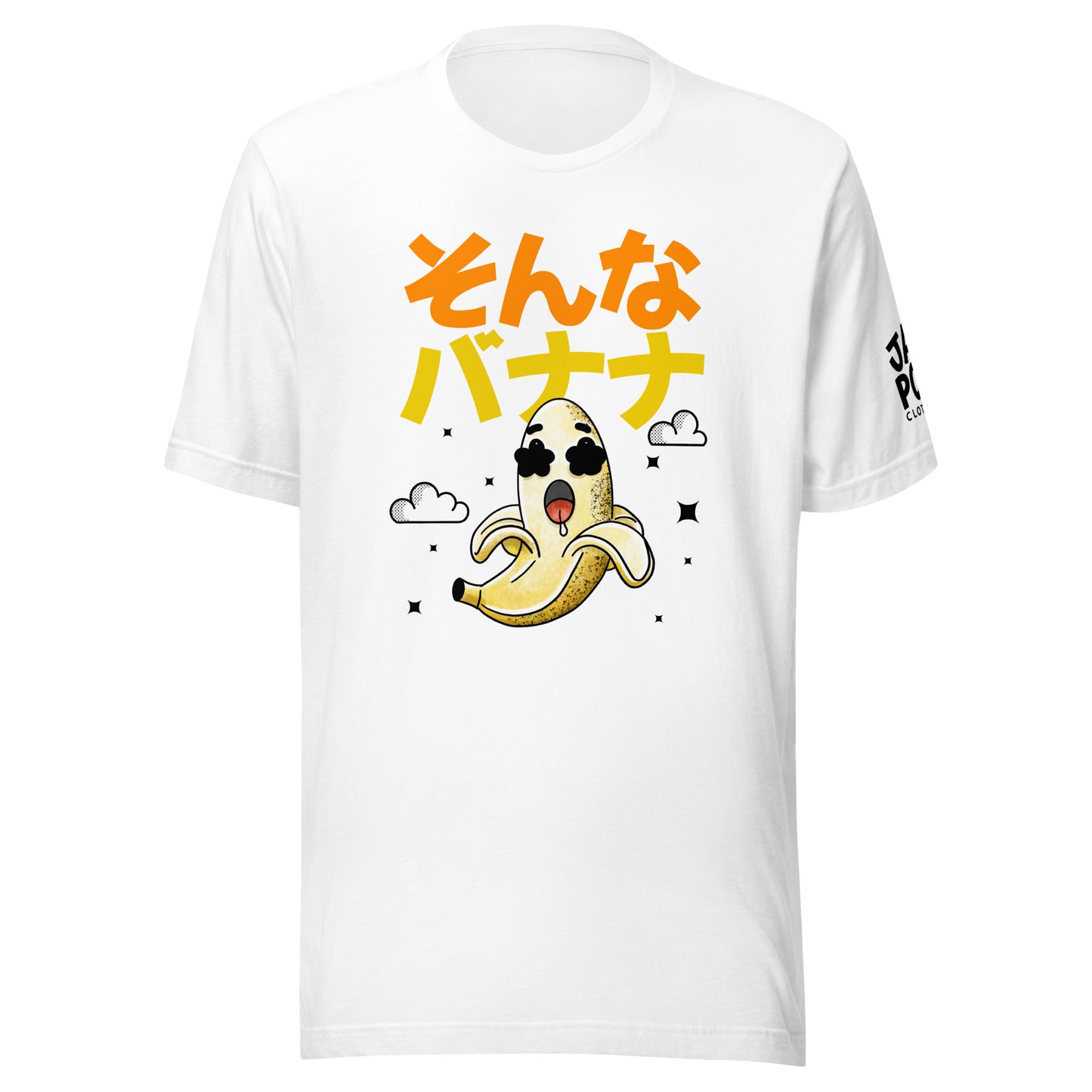 White No Way banana graphic t-shirt featuring a shocked banana illustration inspired by Japanese humor and wordplay