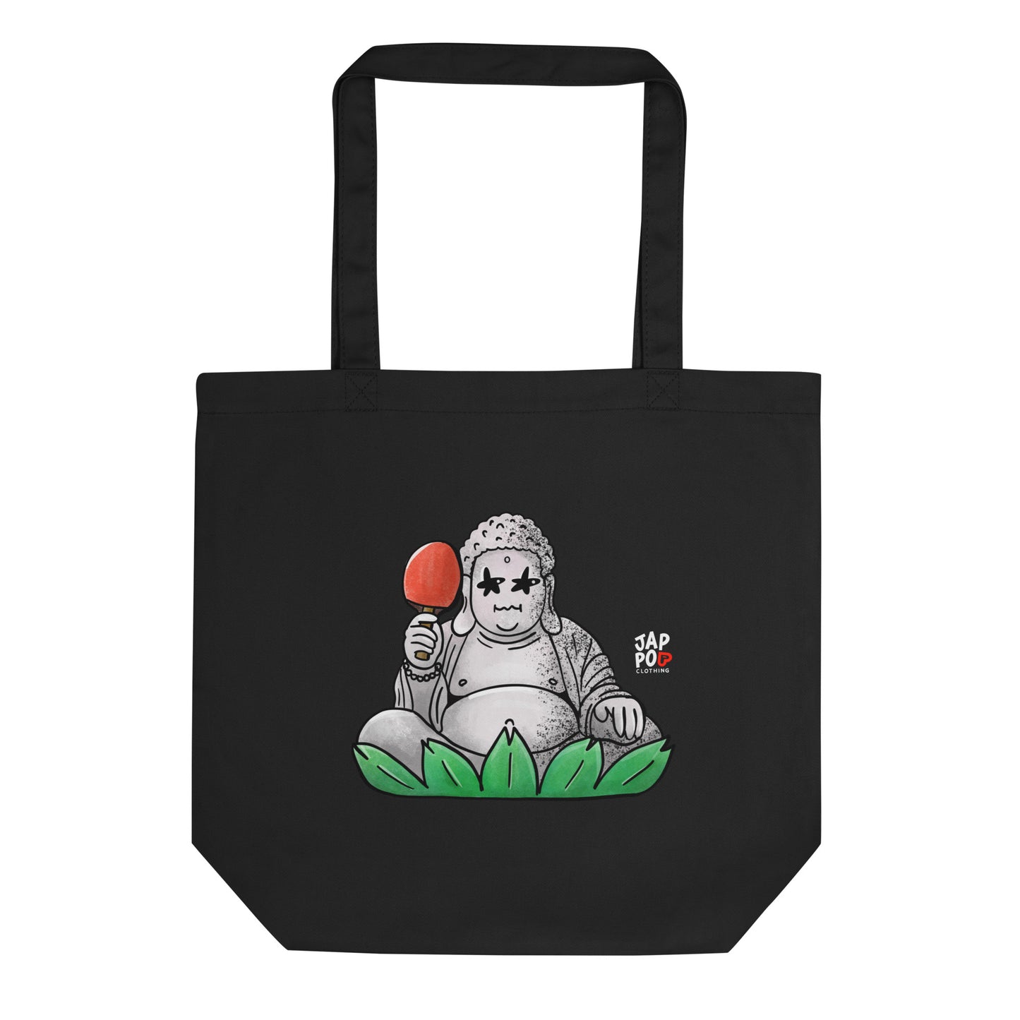 Eco tote bag featuring a Daibutsu Buddha playing ping pong in a playful zen-inspired design.