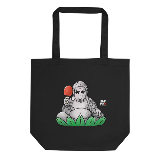 Eco tote bag featuring a Daibutsu Buddha playing ping pong in a playful zen-inspired design.