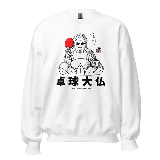 Unisex sweatshirt featuring a playful Daibutsu Buddha playing ping pong with zen energy.