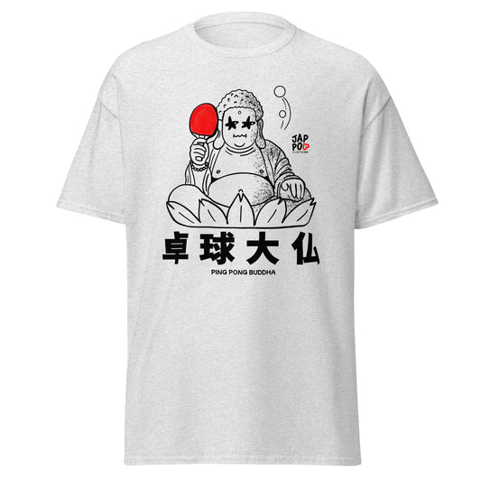 Unisex t-shirt featuring a Daibutsu Buddha playing ping pong, combining zen and playful energy.