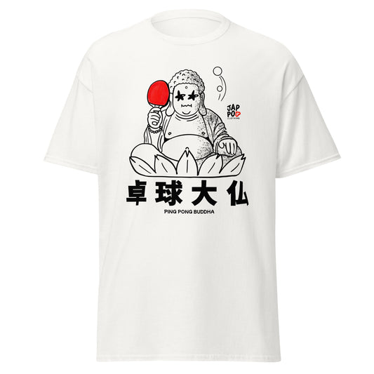 Unisex t-shirt featuring a Daibutsu Buddha playing ping pong, combining zen and playful energy.