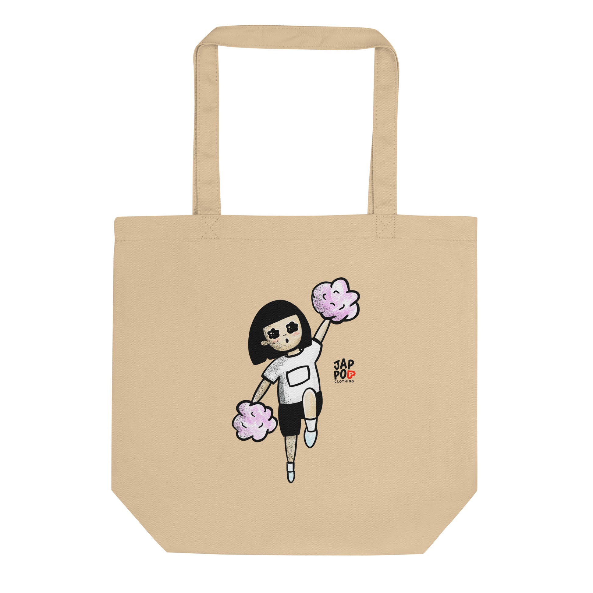 Eco tote bag featuring a cheerful Japanese-style cheerleader with pom-poms.