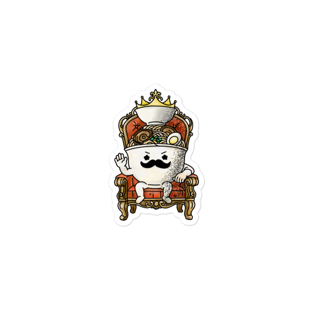 Ramen King sticker showing a ramen bowl character sitting on a royal throne inspired by Japanese ramen and playful food illustration