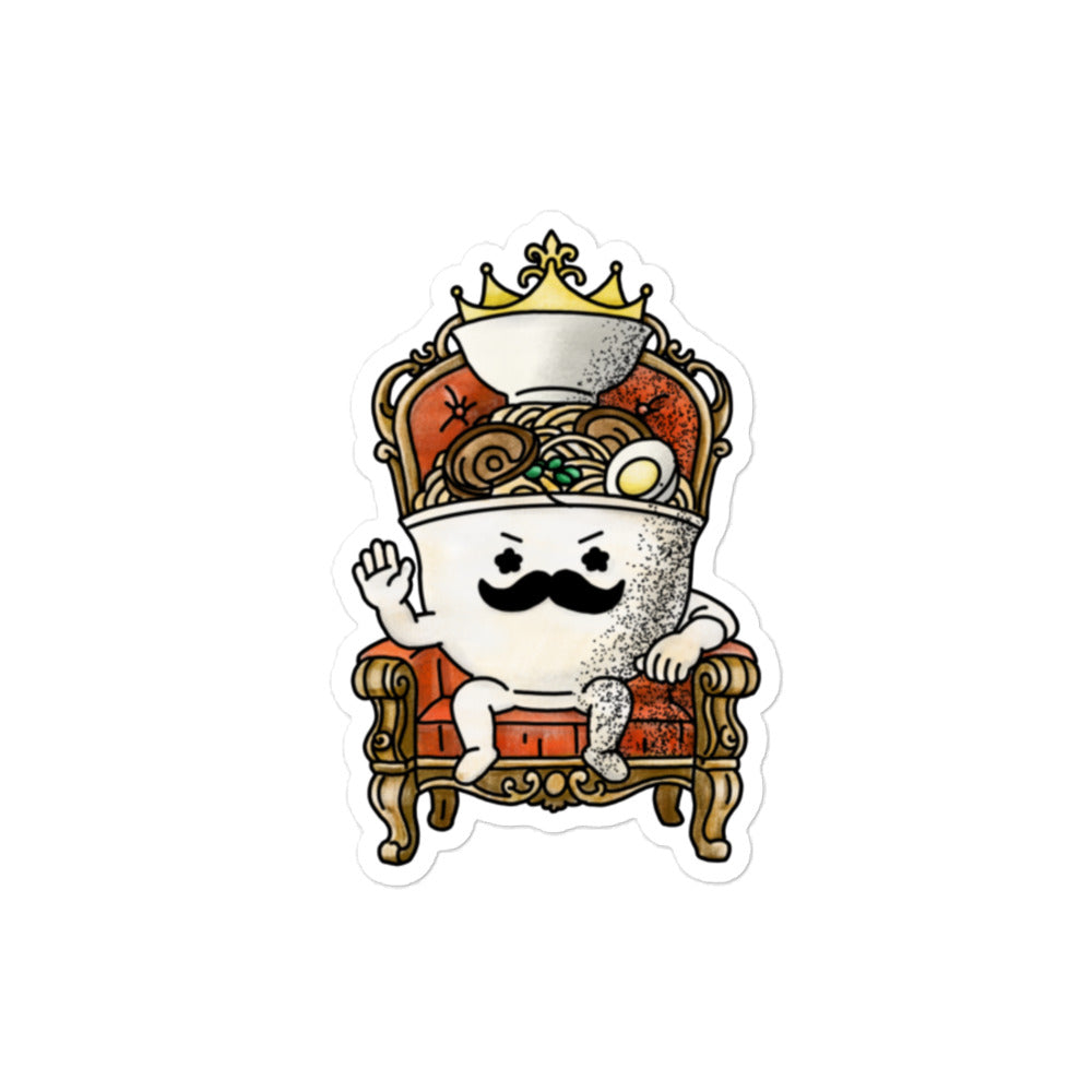 Ramen King sticker showing a ramen bowl character sitting on a royal throne inspired by Japanese ramen and playful food illustration