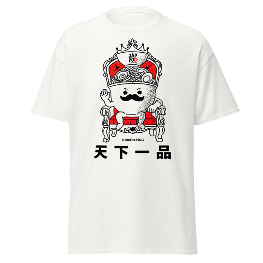 Ramen King t-shirt featuring a bold illustration of a ramen bowl sitting on a royal throne inspired by Japanese ramen culture