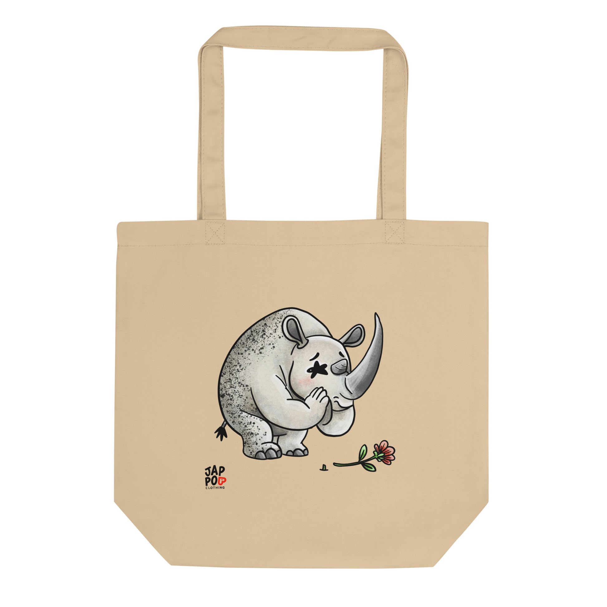Eco tote bag featuring a cute rhinoceros illustration expressing apology.