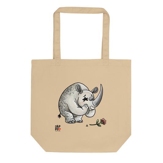 Eco tote bag featuring a cute rhinoceros illustration expressing apology.