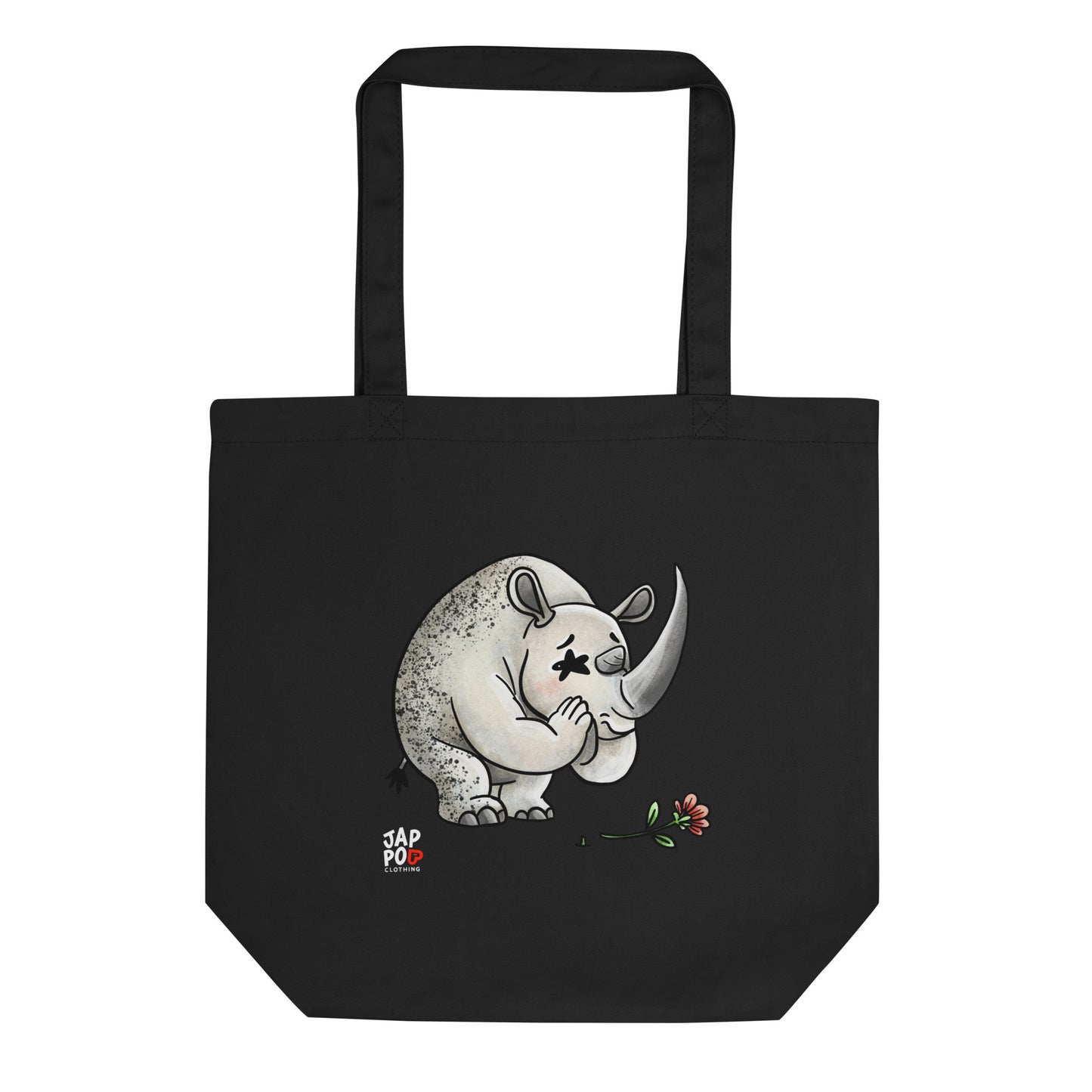 Eco tote bag featuring a cute rhinoceros illustration expressing apology.