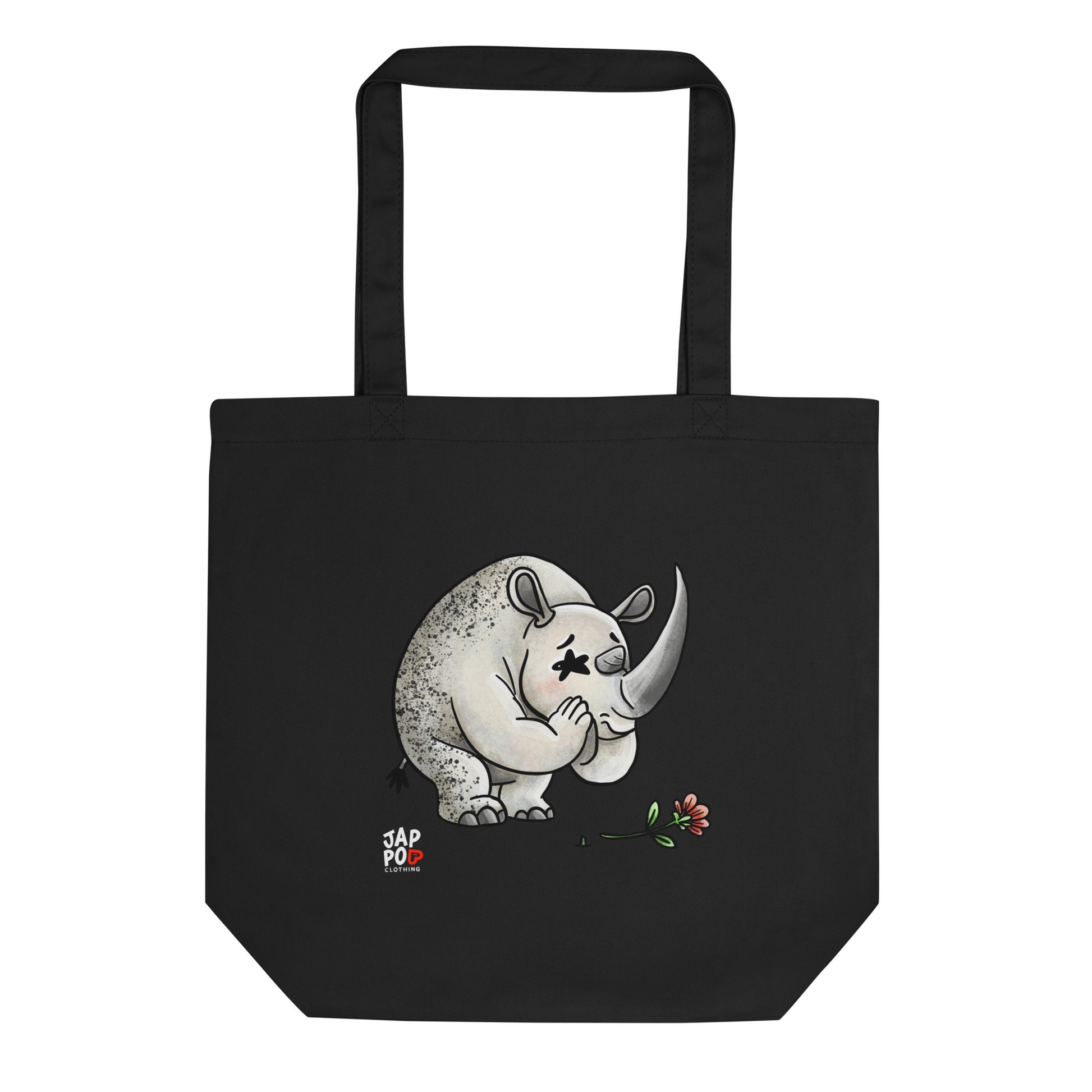 Eco tote bag featuring a cute rhinoceros illustration expressing apology.