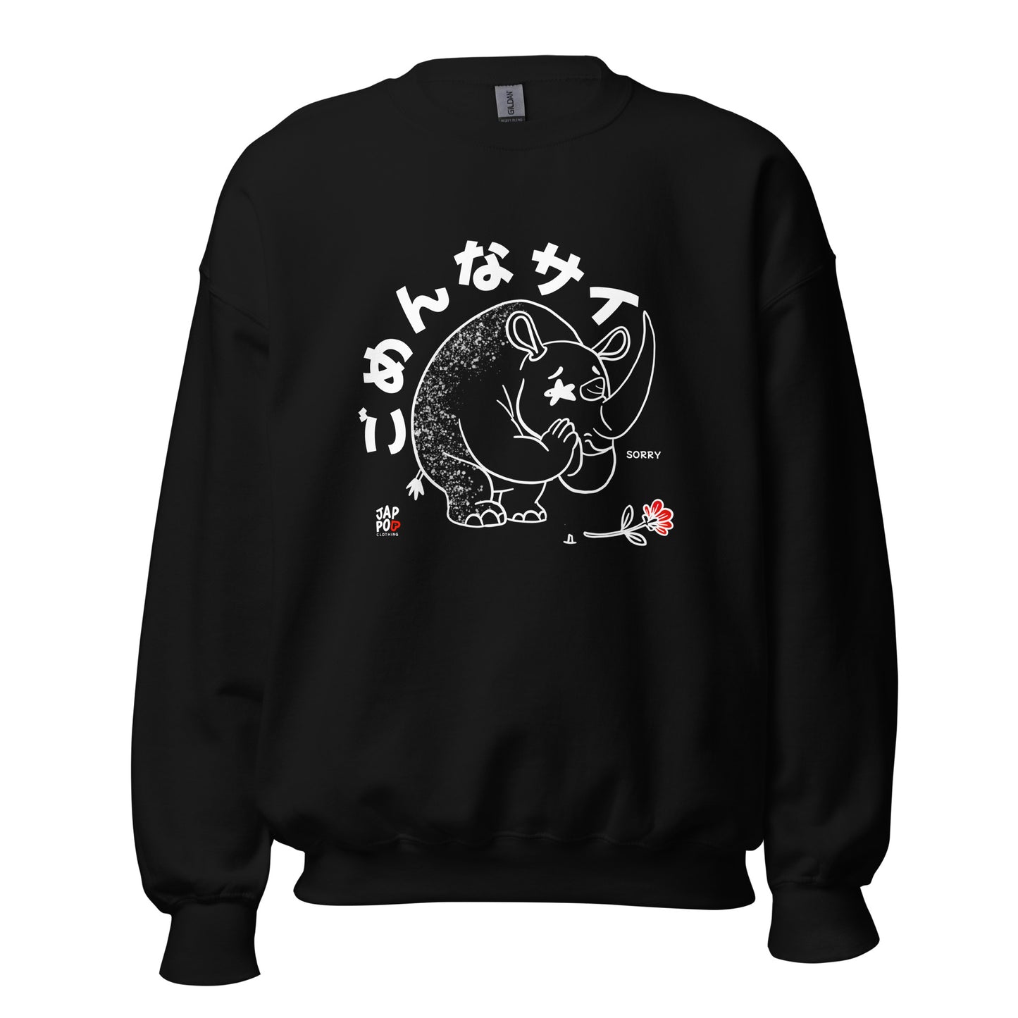 Unisex sweatshirt featuring a cute rhinoceros with an apologetic expression.