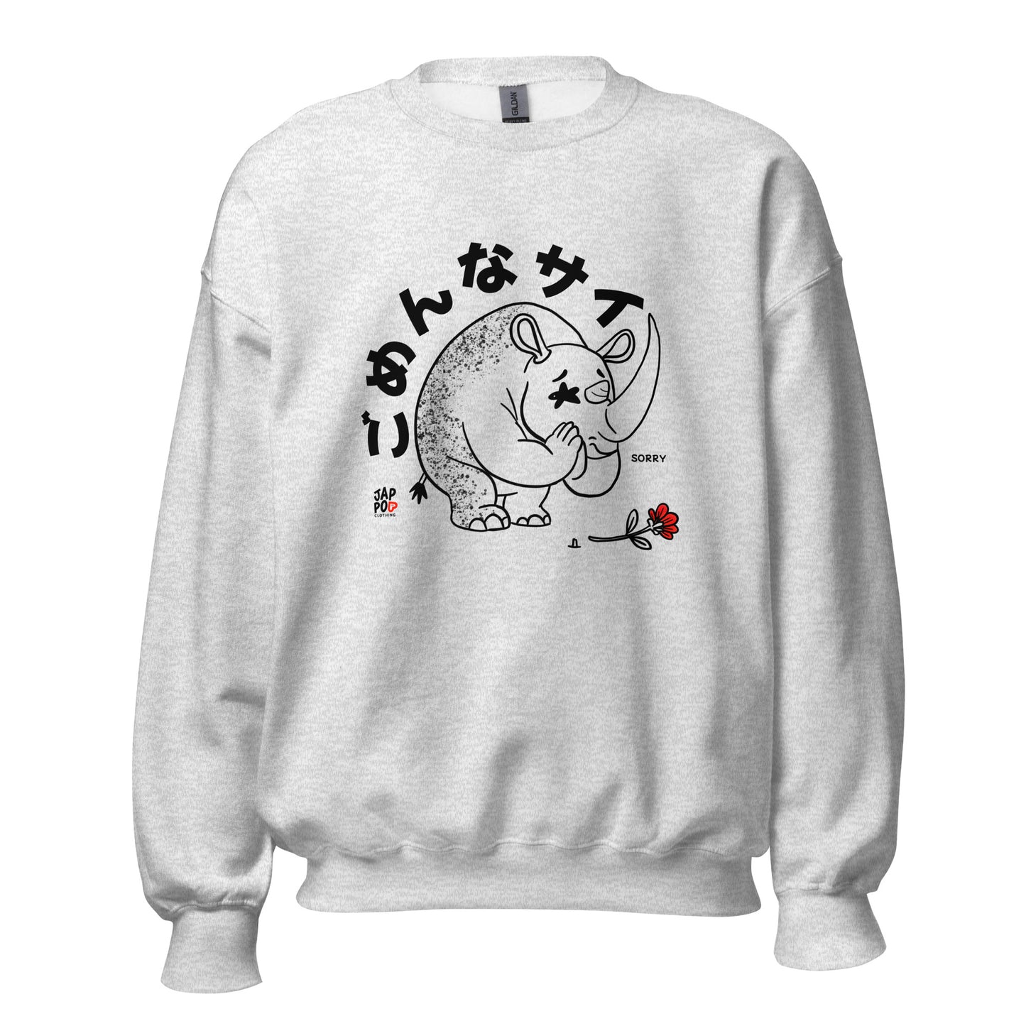 Unisex sweatshirt featuring a cute rhinoceros with an apologetic expression.