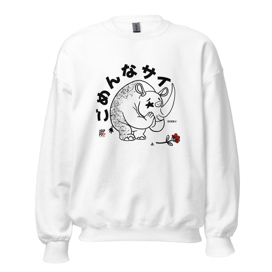 Unisex sweatshirt featuring a cute rhinoceros with an apologetic expression.
