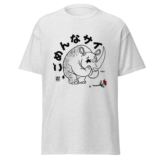 Unisex t-shirt featuring a playful rhinoceros saying sorry with a gentle expression.