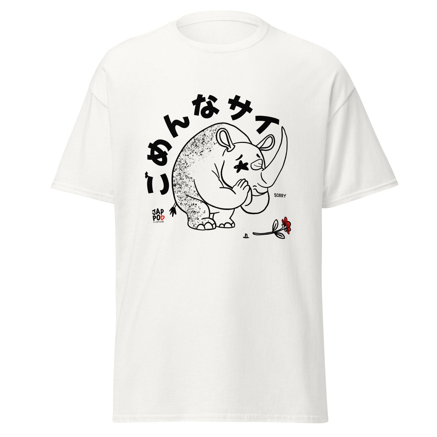 Unisex t-shirt featuring a playful rhinoceros saying sorry with a gentle expression.