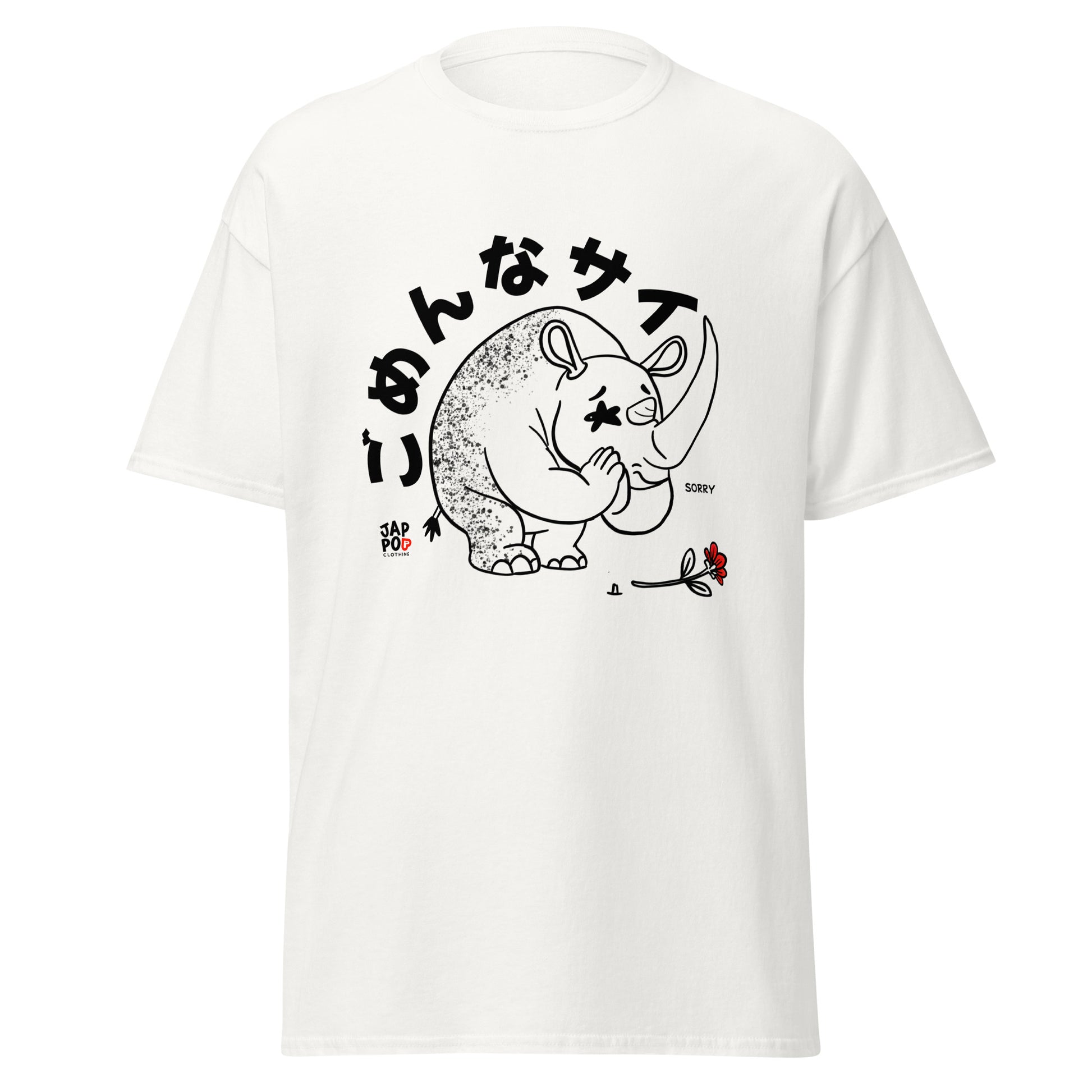 Unisex t-shirt featuring a playful rhinoceros saying sorry with a gentle expression.