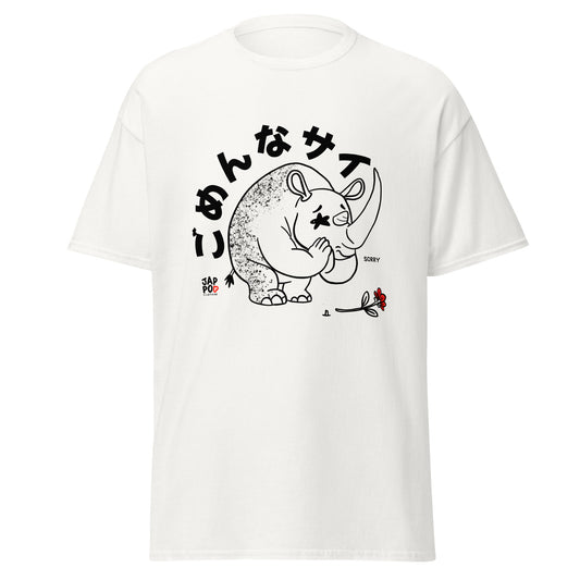 Unisex t-shirt featuring a playful rhinoceros saying sorry with a gentle expression.
