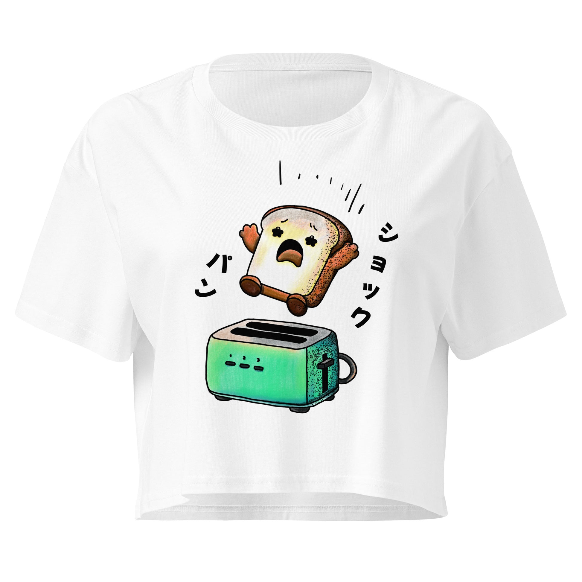 Japanese-inspired crop top featuring Shock Pan (ショックパン), a hilariously surprised loaf of bread character inspired by Japanese wordplay and humor.