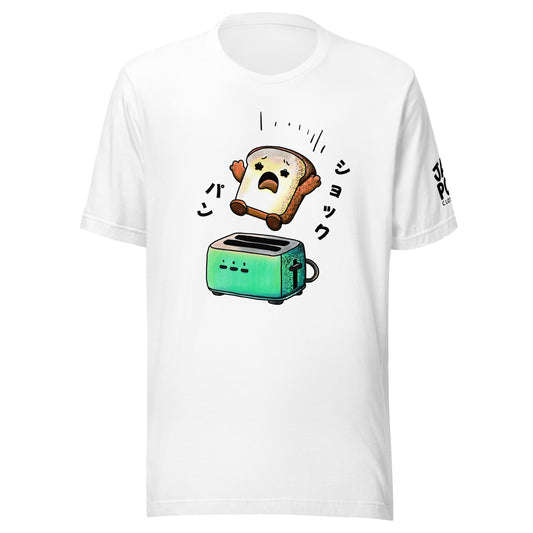 Japanese-inspired T-shirt featuring Shock Pan (ショックパン), a hilariously surprised loaf of bread character inspired by Japanese wordplay and humor.