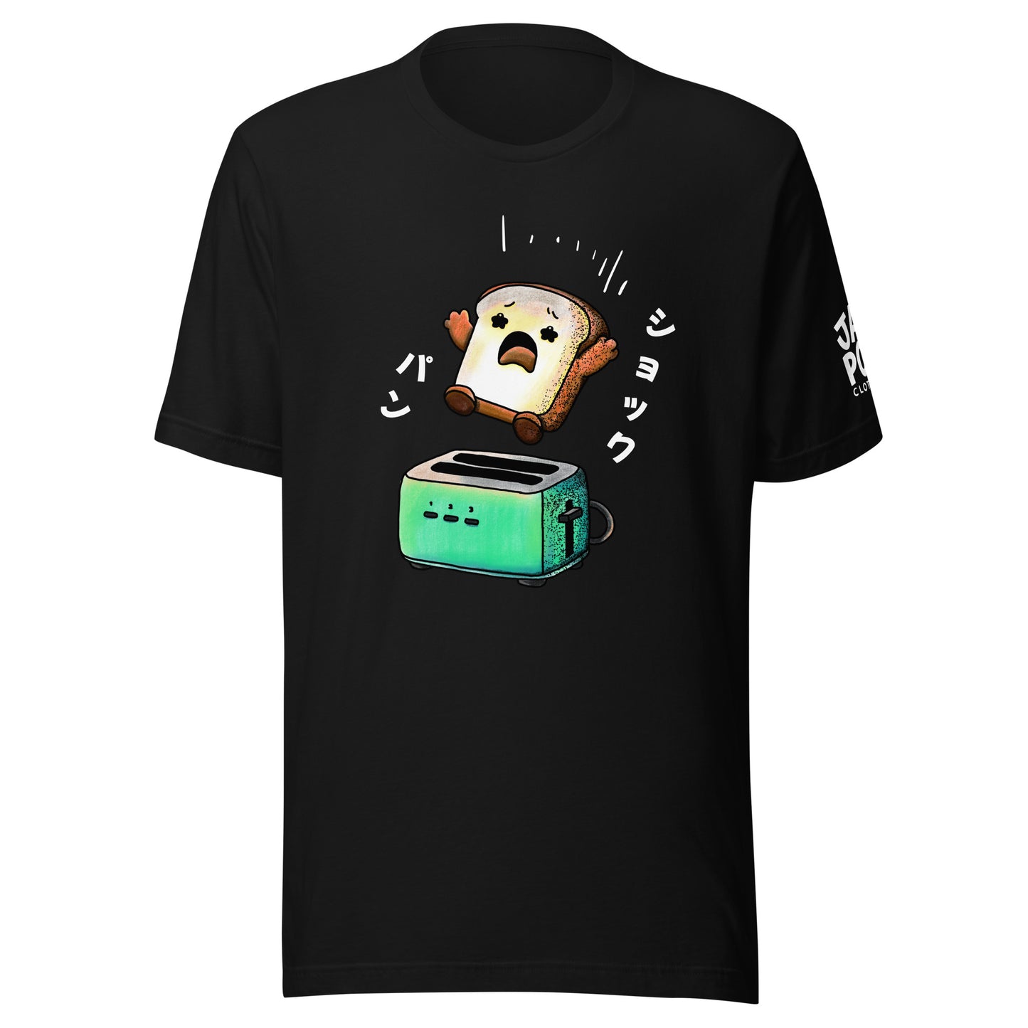 Japanese-inspired T-shirt featuring Shock Pan (ショックパン), a hilariously surprised loaf of bread character inspired by Japanese wordplay and humor.