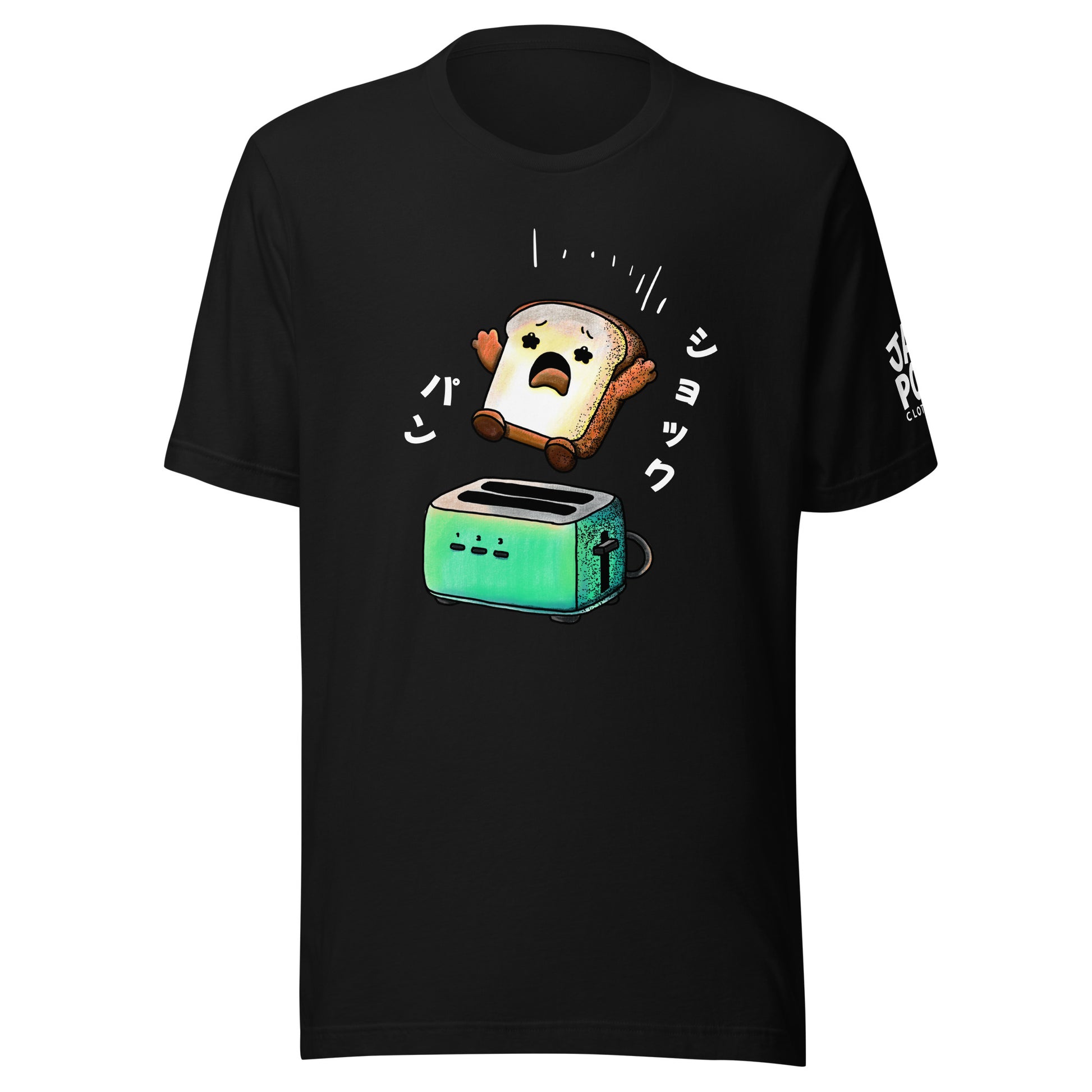 Japanese-inspired T-shirt featuring Shock Pan (ショックパン), a hilariously surprised loaf of bread character inspired by Japanese wordplay and humor.
