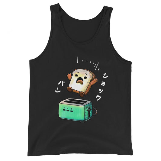 Japanese-inspired tank top featuring Shock Pan (ショックパン), a hilariously surprised loaf of bread character inspired by Japanese wordplay and humor.