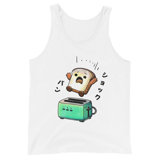 Japanese-inspired tank top featuring Shock Pan (ショックパン), a hilariously surprised loaf of bread character inspired by Japanese wordplay and humor.