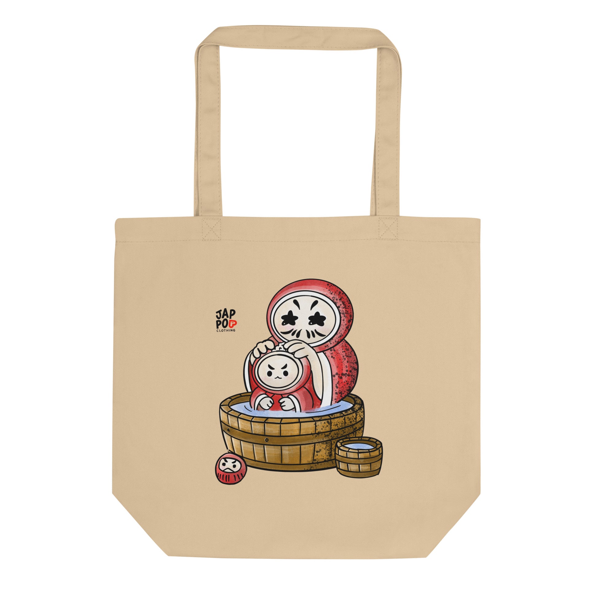Eco tote bag featuring a cute Daruma family soaking in a bubbly bath.