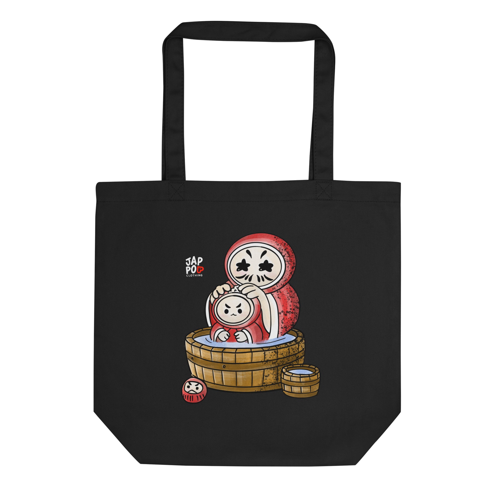 Eco tote bag featuring a cute Daruma family soaking in a bubbly bath.