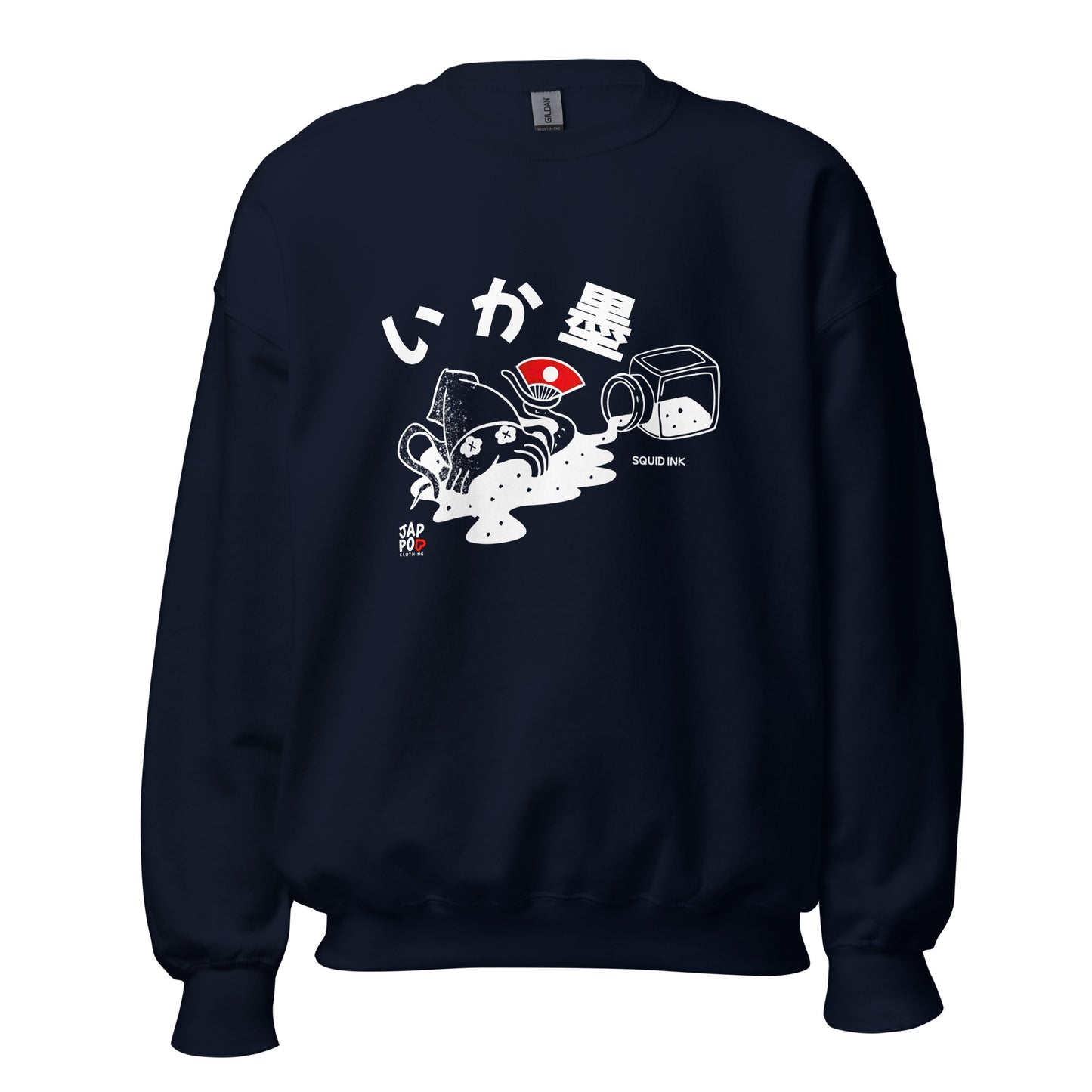 Unisex sweatshirt featuring a bold squid ink-inspired illustration rooted in Japanese cuisine.