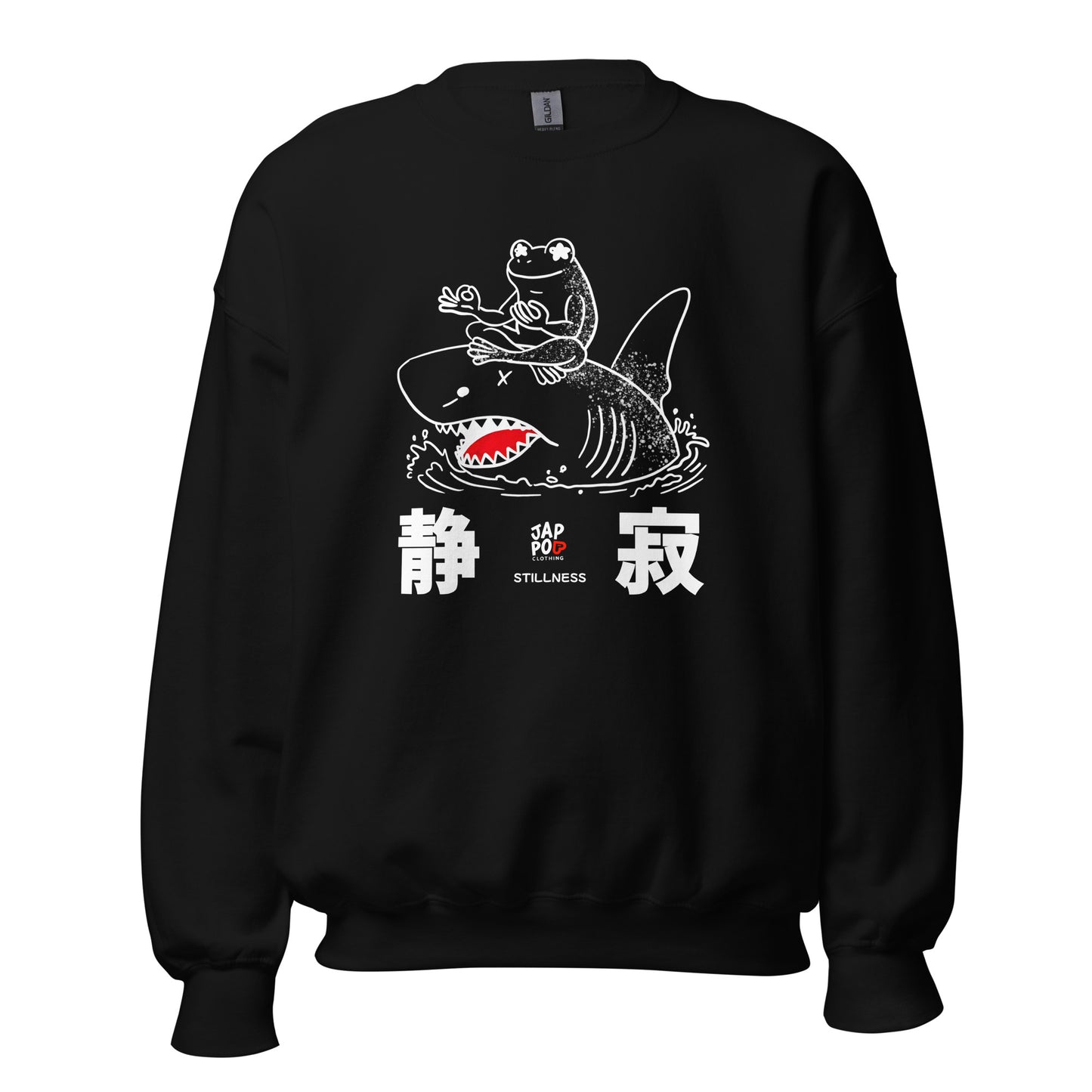 Unisex sweatshirt featuring a calm frog meditating on a shark, symbolizing stillness and balance.
