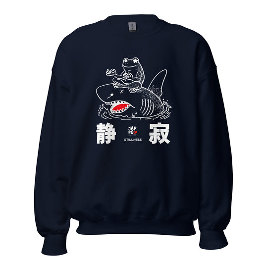 Unisex sweatshirt featuring a calm frog meditating on a shark, symbolizing stillness and balance.