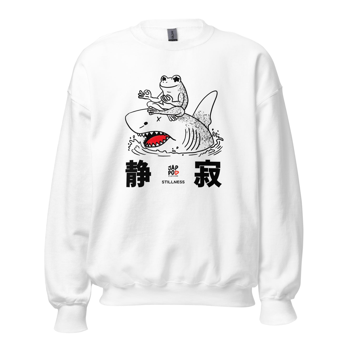 Unisex sweatshirt featuring a calm frog meditating on a shark, symbolizing stillness and balance.