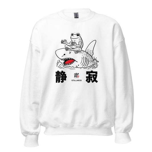 Unisex sweatshirt featuring a calm frog meditating on a shark, symbolizing stillness and balance.