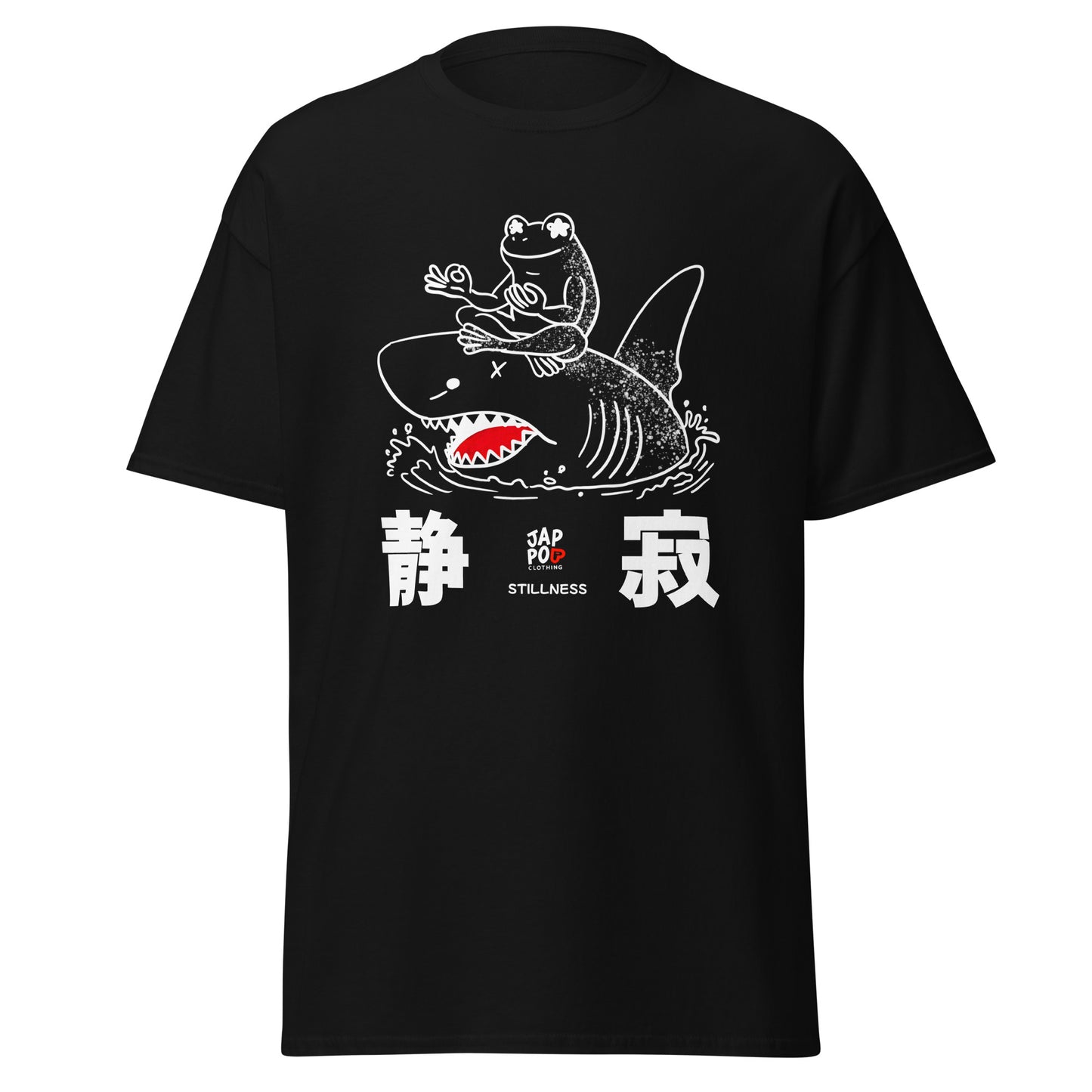 Unisex t-shirt featuring a frog meditating calmly on a shark in a symbolic illustration.