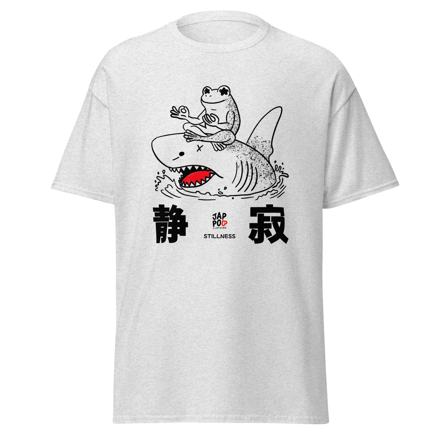 Unisex t-shirt featuring a frog meditating calmly on a shark in a symbolic illustration.