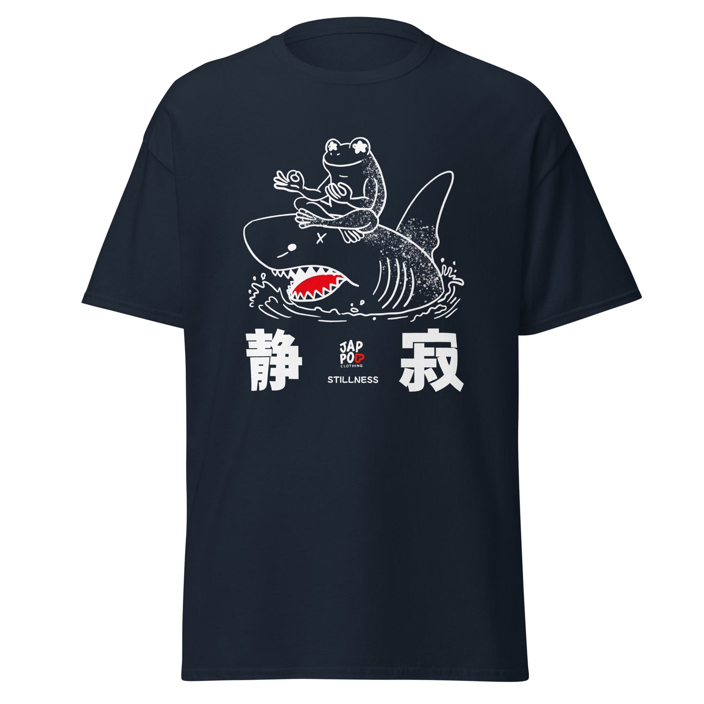 Unisex t-shirt featuring a frog meditating calmly on a shark in a symbolic illustration.