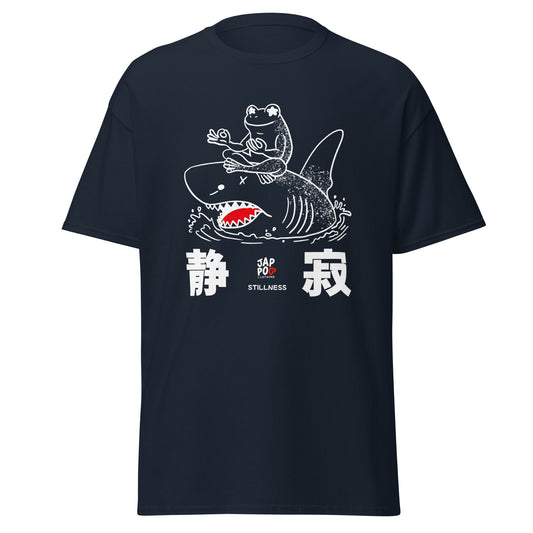 Unisex t-shirt featuring a frog meditating calmly on a shark in a symbolic illustration.